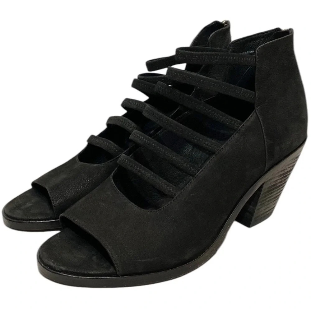 Eileen Fisher James Strappy Nubuck Leather Peep Toe Heels, Black